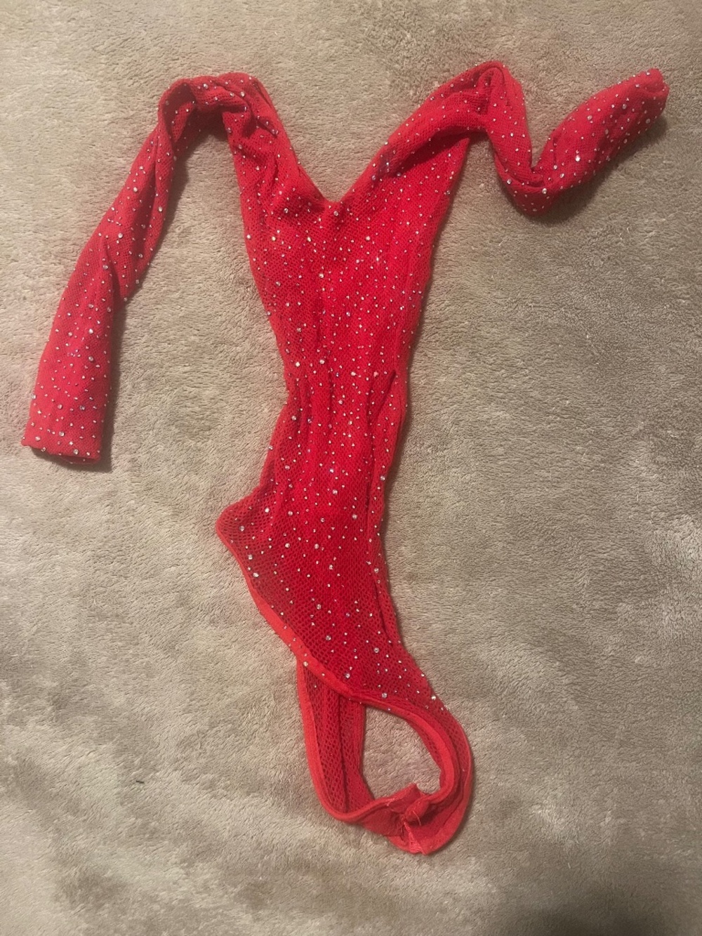 Red rhinestone fishnet transparent bodysuit